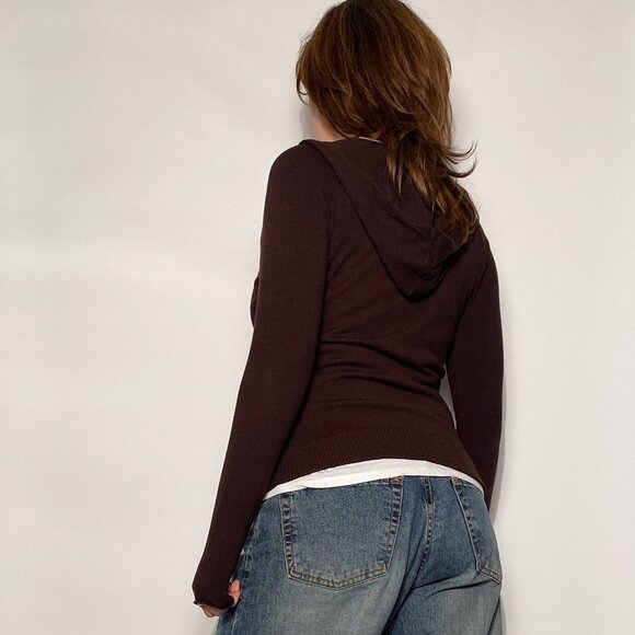 Vintage Brown Y2K PERFECT BASIC Scrunchy Ruched Zip Up HOODIE Cardigan! M to L - Picture 3 of 14